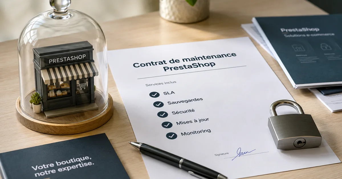 PrestaShop maintenance contract on a desk with included services