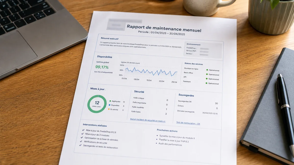 Printed monthly PrestaShop maintenance report with anonymized client data