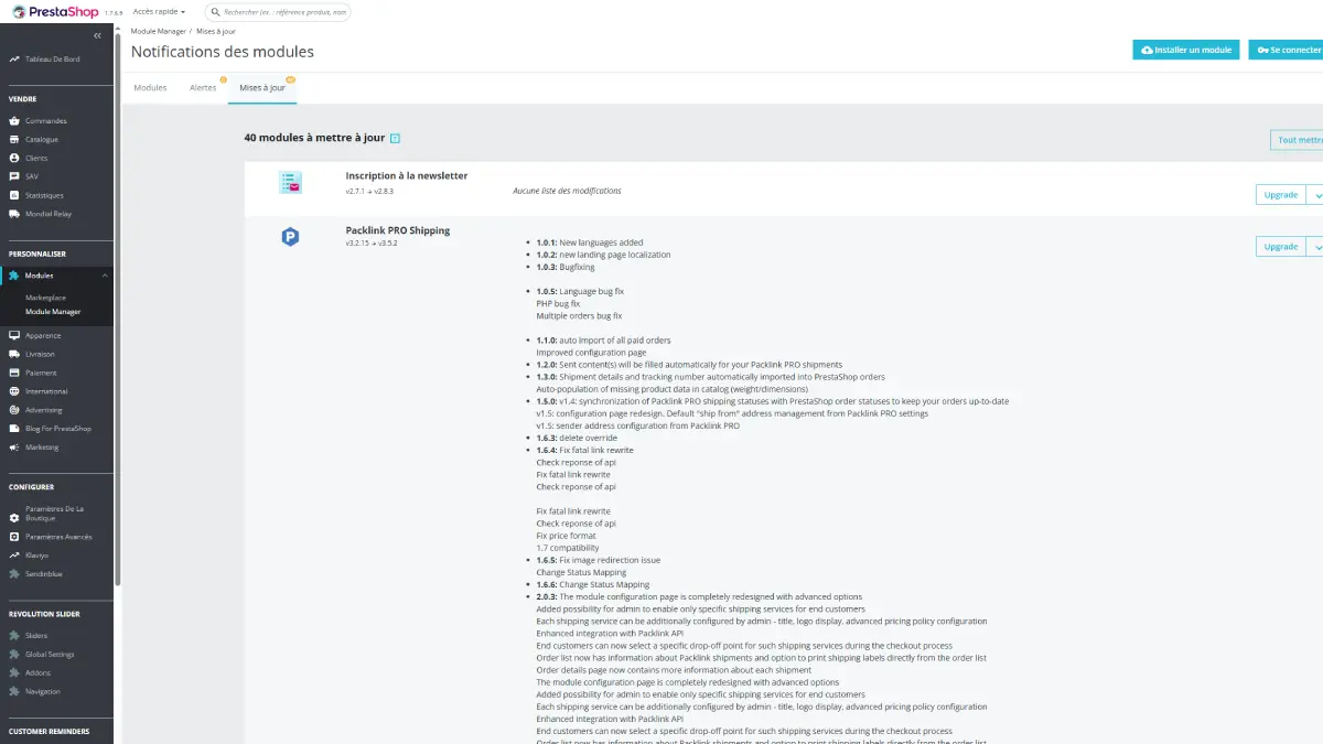 PrestaShop interface showing a store update