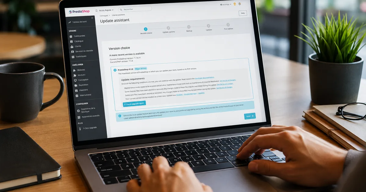 Laptop showing the PrestaShop Update Assistant during migration preparation