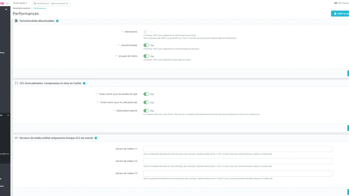 PrestaShop back office with CCC performance options enabled