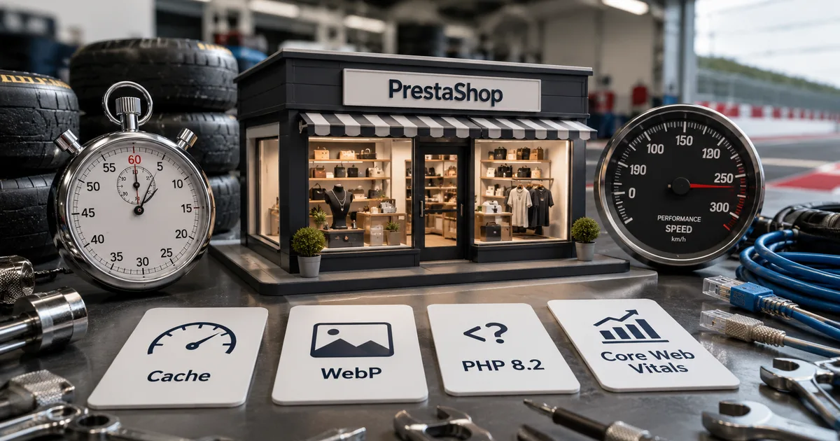 Miniature PrestaShop store surrounded by performance optimization tools