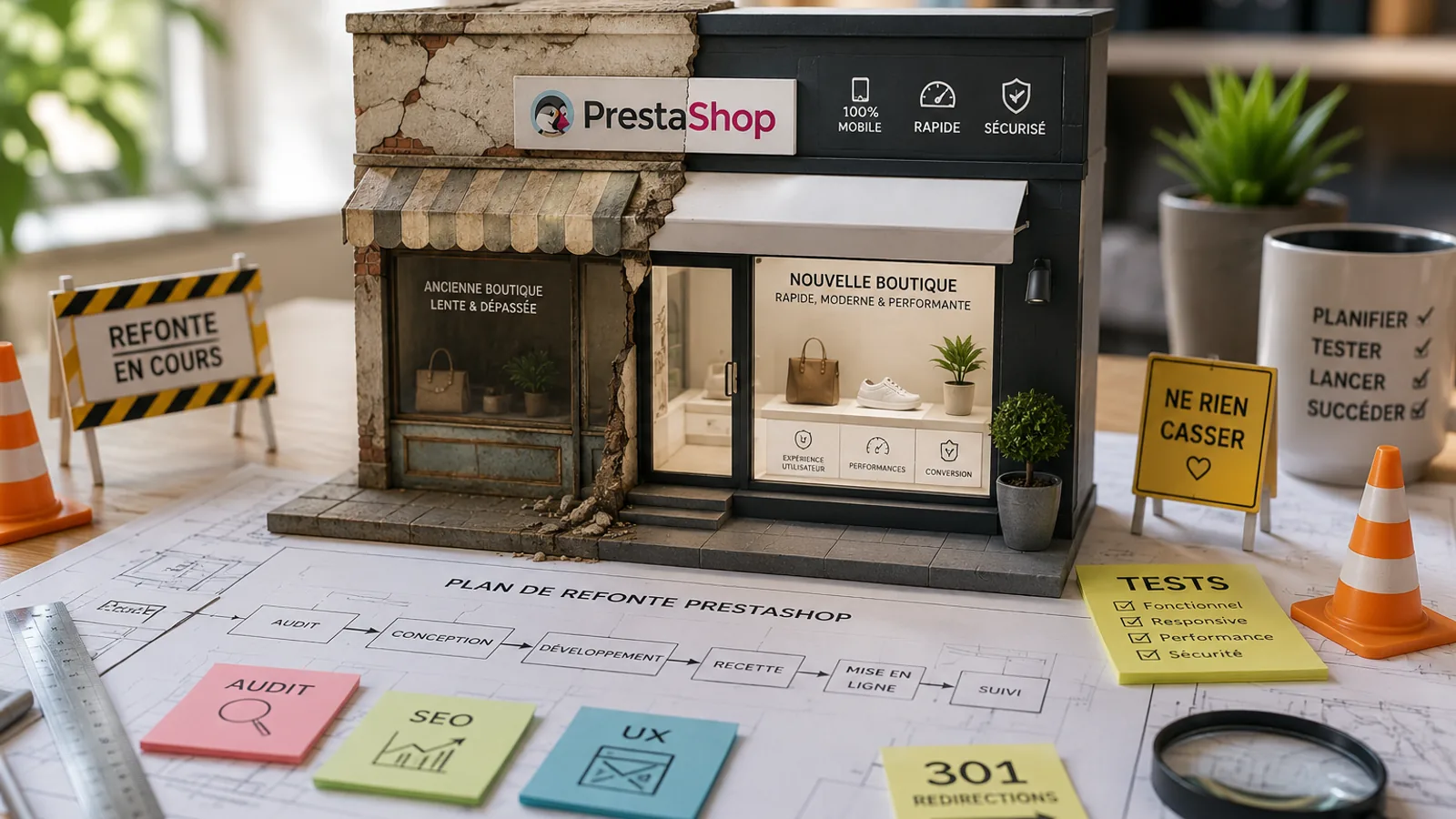 Maquette de boutique PrestaShop en refonte avec plan de migration, audit SEO et redirections 301