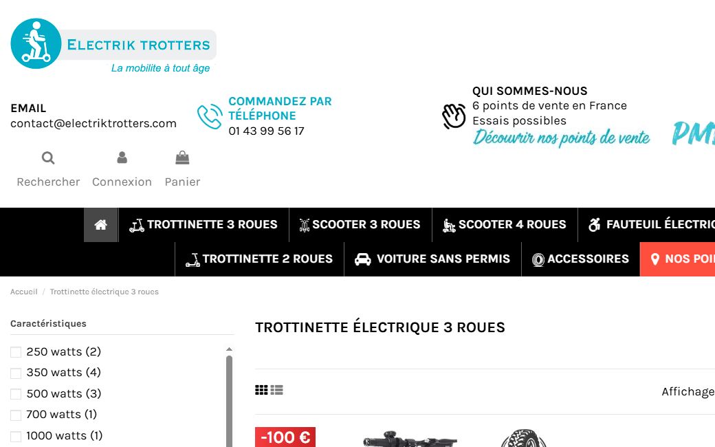 Capture du site e-commerce Electrik Trotters